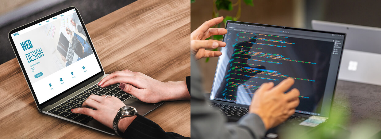 ノートPCにWEBサイトやソースコードが写っている２枚の横並びの画像