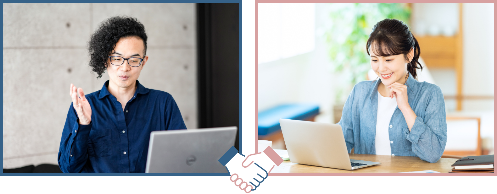 パソコンの前にいる代表鈴木友也と女性の写真